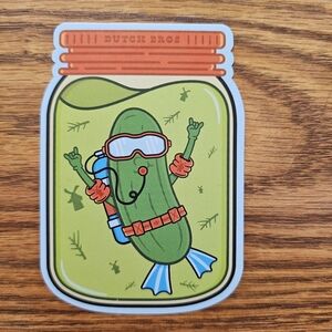 Dutch Bros Scuba Pickle Sticker with Green and Orange
